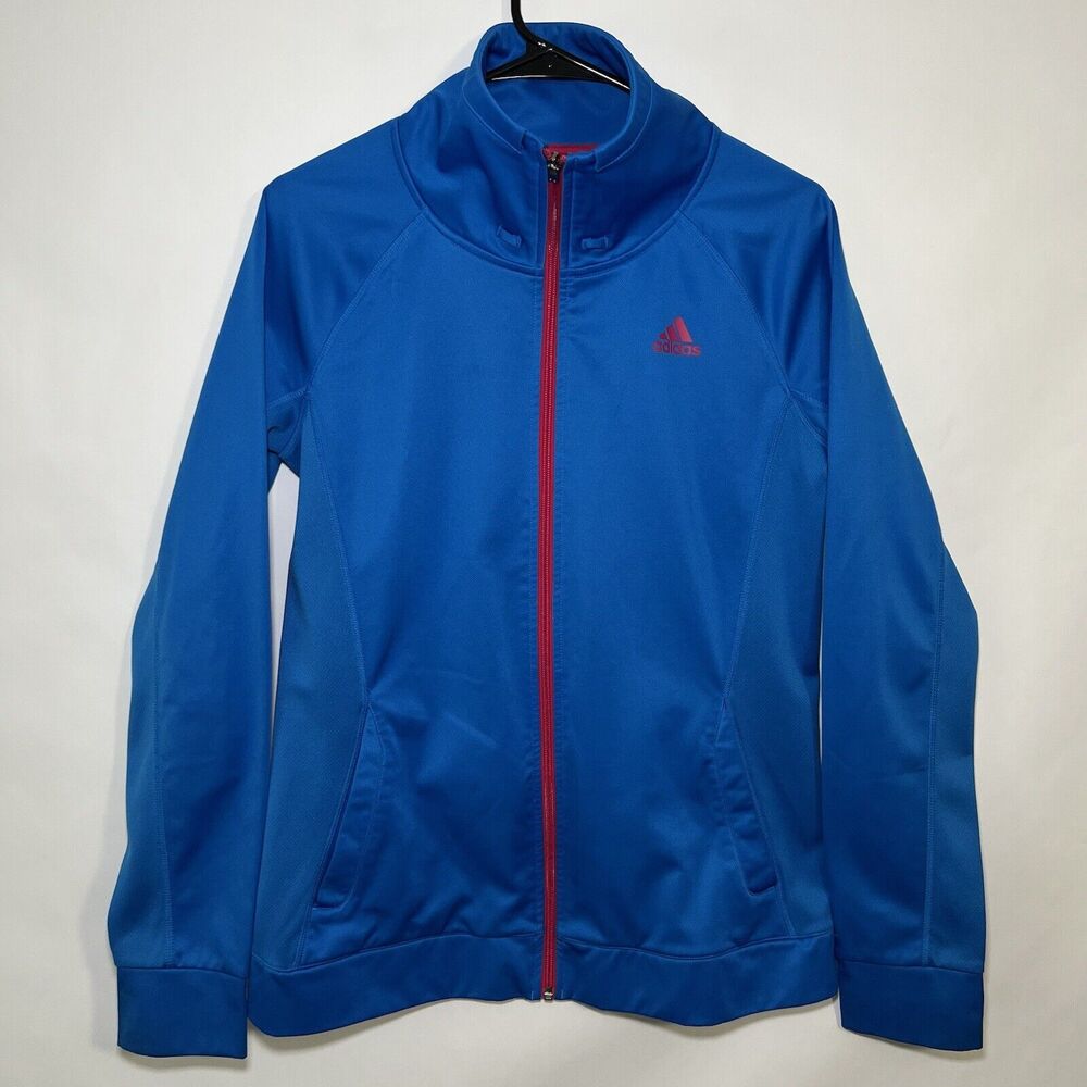 Adidas Climalite Full Zip Track Jacket Womens Size M Medium Blue Pink High Neck